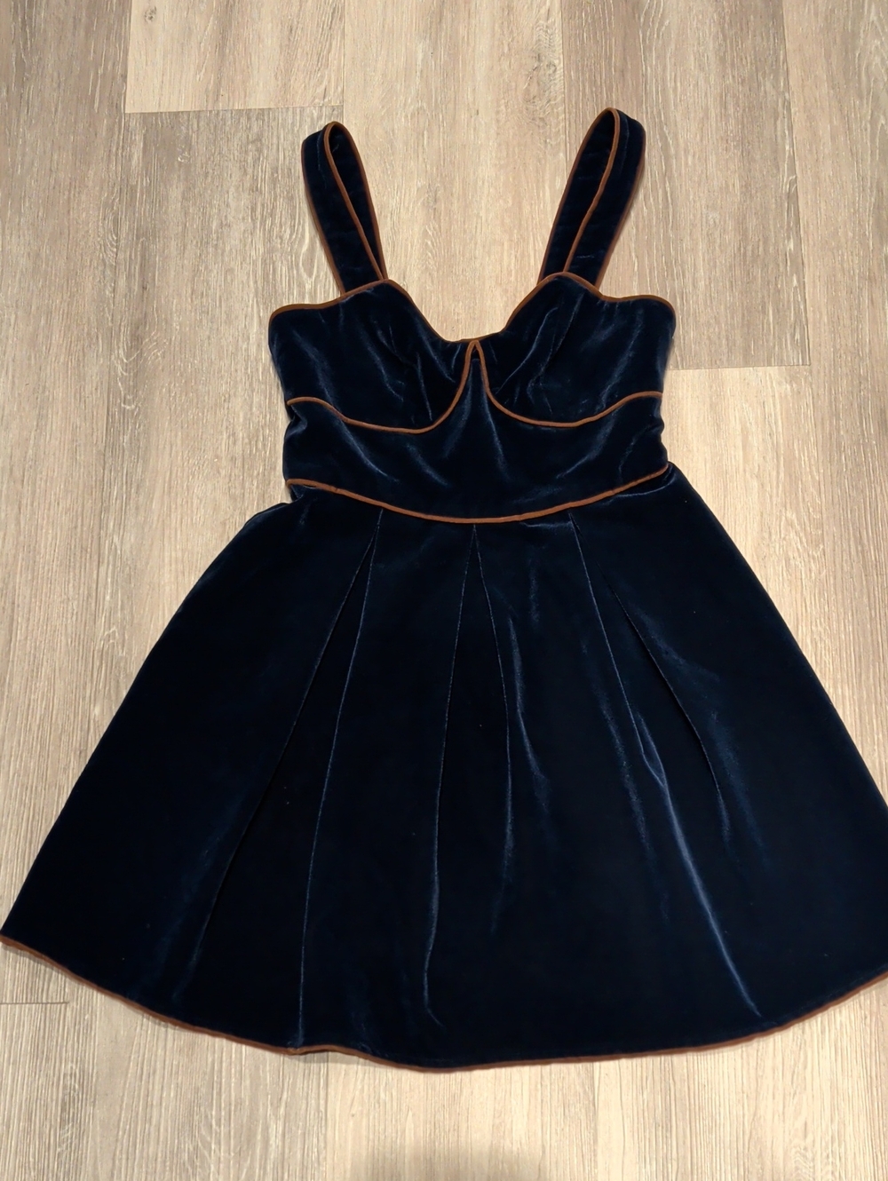 Lyn Around Dark Blue Velvet Mini Dress Copper Trim Bustier Size S As-Is